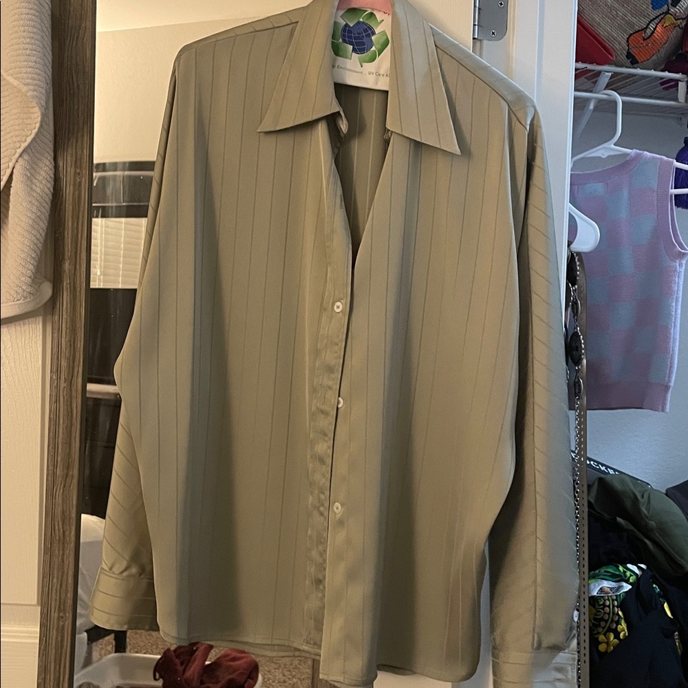 Commense Oversized Sage Pinstripe Satin Button Down Shirt - XS